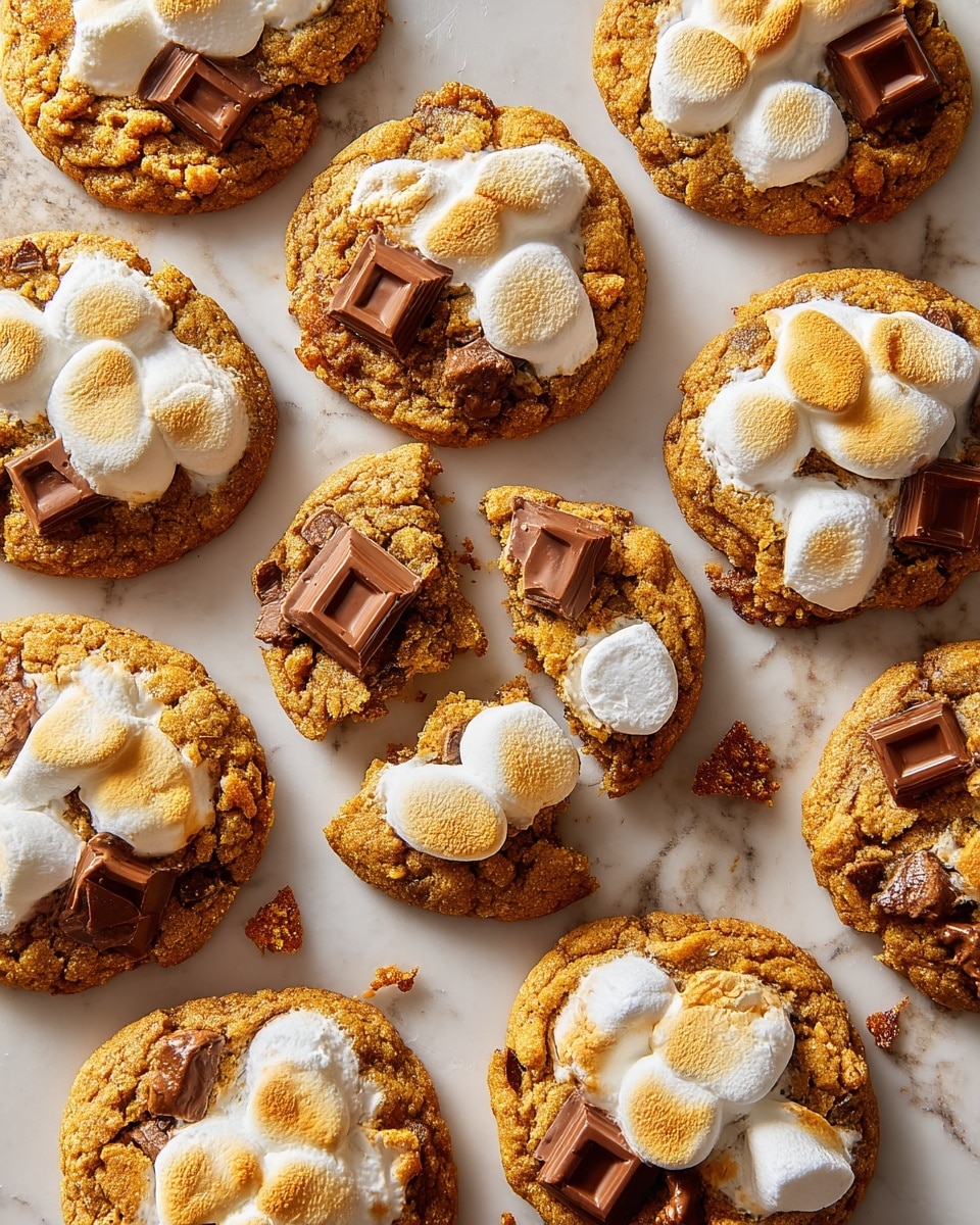 The image shows a group of round cookies on a wire cooling rack placed over a white marbled surface. Each cookie has a golden-brown color with a slightly cracked texture and is studded with entire or partially melted white marshmallows, creating soft, irregular white patches on the top. Scattered among the marshmallows are shiny, dark chocolate chips that add contrast to the warm brown dough. The cookies are close to each other, covering most of the rack in a casual arrangement. Photo taken with an iphone --ar 4:5 --v 7