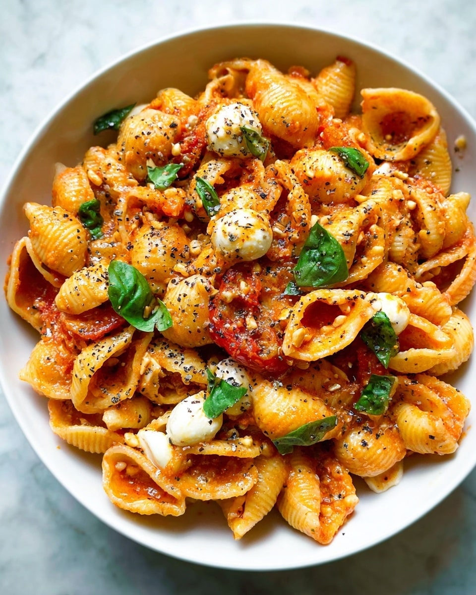 A white bowl filled with pasta shells coated in a warm orange-red tomato sauce, mixed with white small cheese balls and scattered pine nuts. Bright green fresh basil leaves are placed sparingly throughout, adding a pop of color. The pasta has a slightly shiny texture, showing it is well-coated, and is sprinkled with ground black pepper that adds small dark specks all over the dish. Pieces of red tomato are visible layered among the pasta shells. The bowl sits on a white marbled surface. photo taken with an iphone --ar 4:5 --v 7