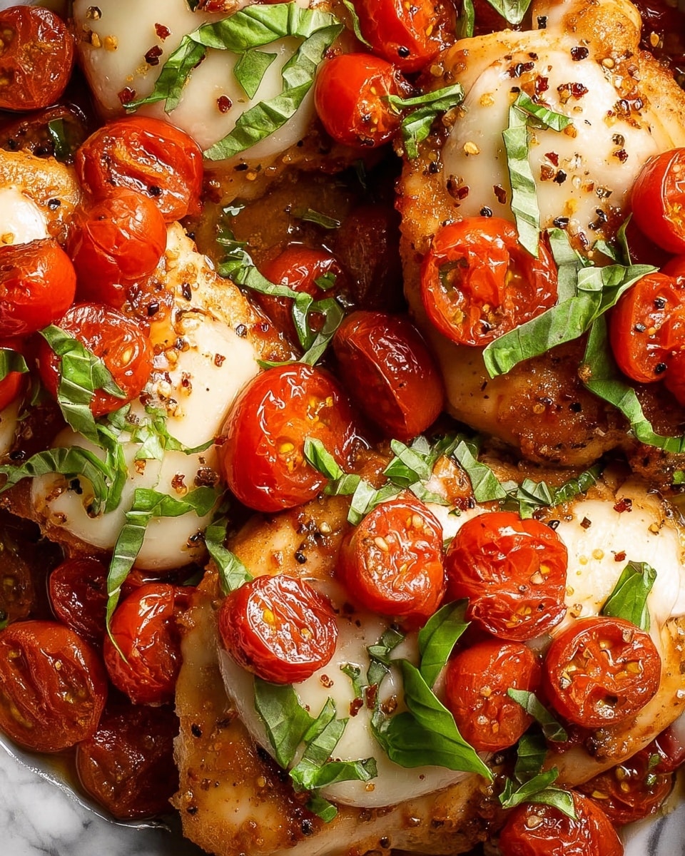 This close-up image shows several layers of cooked golden-brown chicken, each piece topped with melted white cheese slices. On top of the cheese are halved bright red cherry tomatoes, soft and slightly wrinkled, scattered across in small piles. Fresh green basil leaves are spread over the dish, adding a pop of color. The whole dish is covered with a shiny sauce that mixes red and brown tones, with a sprinkling of coarse black pepper. The background is a white marbled texture. Photo taken with an iphone --ar 4:5 --v 7