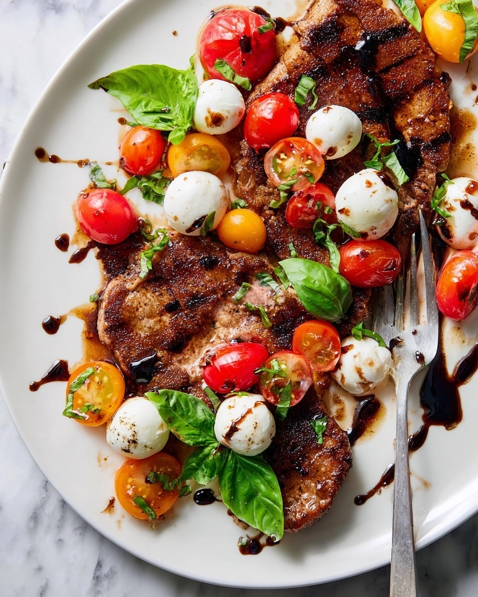 A white plate holds three browned cooked pieces of meat, each showing a slightly crispy, textured surface with darker grilled spots. Scattered on and around the meat are several small, smooth white balls of cheese with brown grill marks. Among these layers are halved cherry tomatoes in red and orange, with juicy, shiny interiors. Fresh green basil leaves are sprinkled over everything, adding a bright contrast. A dark balsamic glaze is drizzled unevenly over the meat, cheese, and tomatoes, creating glossy highlights. A silver fork with a green basil leaf rests on the plate. The background is white marbled texture. photo taken with an iphone --ar 4:5 --v 7