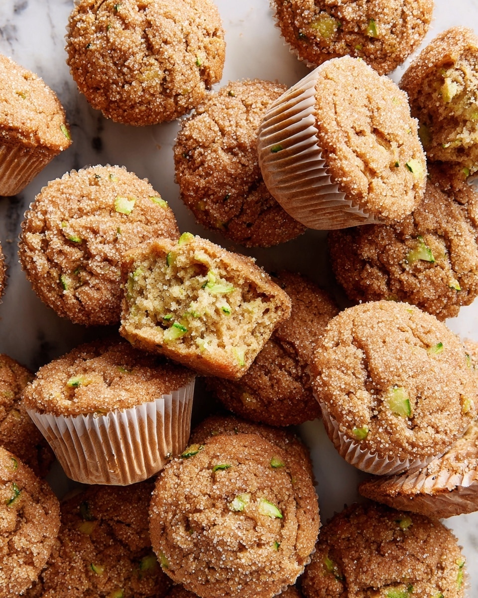 The image shows two brown muffins stacked on top of each other on a white marbled surface. The muffins have a slightly rough texture with small green flecks inside, indicating an ingredient mixed in the batter. The bottom muffin sits in a ruffled dark brown paper liner, while the top muffin is directly on the bottom one. Behind them, there are more muffins blurred out softly in the background, creating a warm and cozy atmosphere. Photo taken with an iphone --ar 4:5 --v 7
