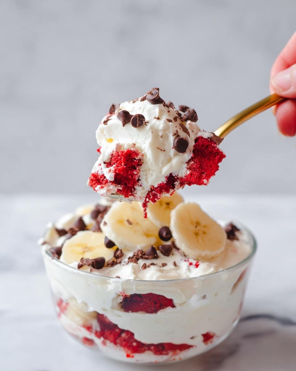 A spoon held by a woman's hand lifts a layered dessert from a clear glass bowl sitting on a white marbled surface. The dessert has three main layers: bright red cake chunks with a soft, crumbly texture, smooth white cream that looks thick and fluffy, and round slices of light yellow banana. Dark brown chocolate chips are scattered on top and mixed within the layers. The background is softly blurred white marble, highlighting the vibrant red, white, yellow, and dark brown colors of the dessert. photo taken with an iphone --ar 4:5 --v 7