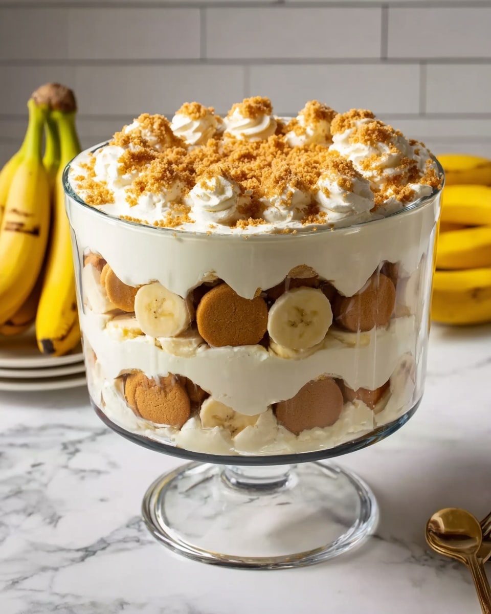 A clear glass bowl holds a layered dessert with three visible layers: the bottom layer has creamy light beige filling, the middle layer has round vanilla wafers standing upright side by side, followed by a thick layer of smooth creamy filling, and the top is decorated with more vanilla wafers placed standing around the edge and finely crushed crumbs spread across the creamy surface. The bowl sits on a white marbled surface. Photo taken with an iphone --ar 4:5 --v 7