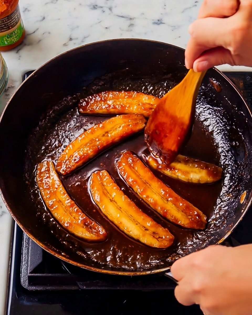 A white plate with a brown speckled rim holds a dessert made of four cooked banana slices arranged in a circle. The banana slices are golden brown and coated in a shiny dark caramel sauce. In the center of the plate, there is a scoop of white ice cream topped with thin lines of the same caramel sauce. A wooden spoon with caramel sauce is visible on the upper right side. The plate is placed on a dark surface. Photo taken with an iphone --ar 4:5 --v 7