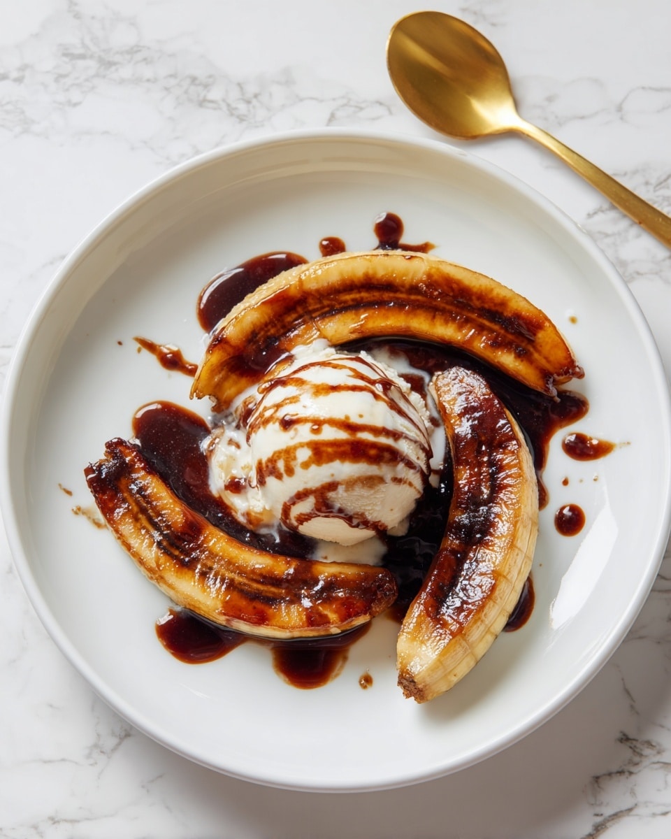 In a black cast iron pan on a stove with a white marbled surface in the background, four caramelized banana pieces are cooking. The banana pieces are golden brown with a shiny syrup coating, lying in a dark, glossy sauce that covers the pan's bottom. A woman's hand is holding a wooden spatula, stirring or flipping one of the banana pieces gently. The surrounding area shows some kitchen items, but the focus is on the pan with the bananas and the woman's hand in motion. photo taken with an iphone --ar 4:5 --v 7