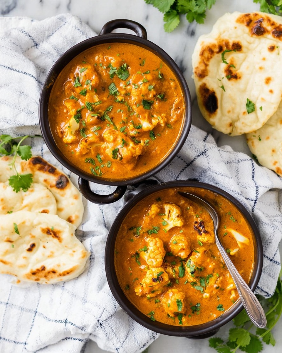 The image shows two black small pots filled with creamy orange curry sauce that contains pieces of cauliflower and is garnished with green herbs. Next to the pots, there are two pieces of soft white naan bread with light brown char marks laying on a white cloth with a blue check pattern. A silver spoon rests inside the lower pot. The background is a white marbled surface with some green cilantro leaves scattered around. photo taken with an iphone --ar 4:5 --v 7