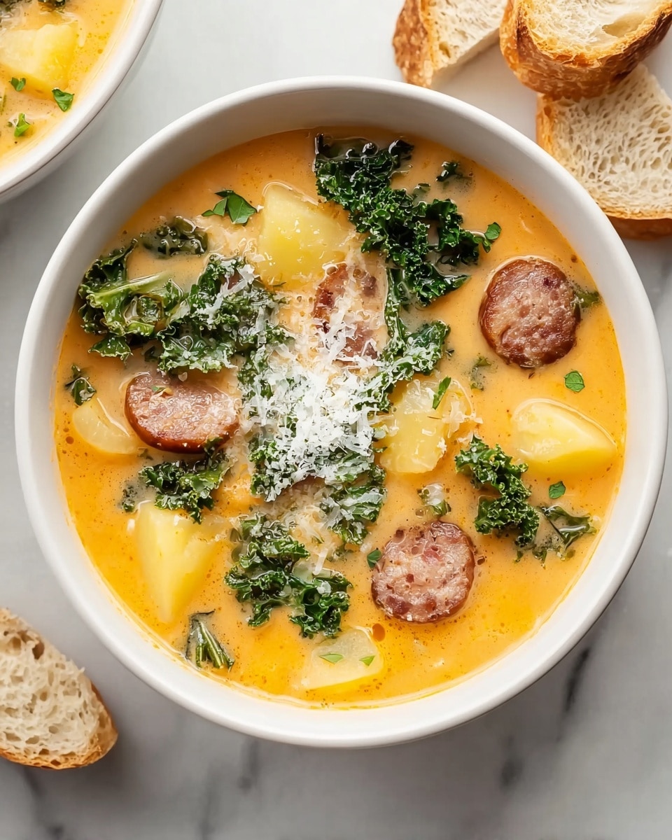 The image shows a close-up of a spoon lifting a thick soup from a pot. The soup has three main layers: yellow chunks of potato, small pieces of brown ground meat, and bright green leafy kale mixed in a creamy orange-yellow broth. The soup looks warm and rich with visible black pepper specks. The background is a white marbled texture, and a woman's hand holds the silver spoon. photo taken with an iphone --ar 4:5 --v 7