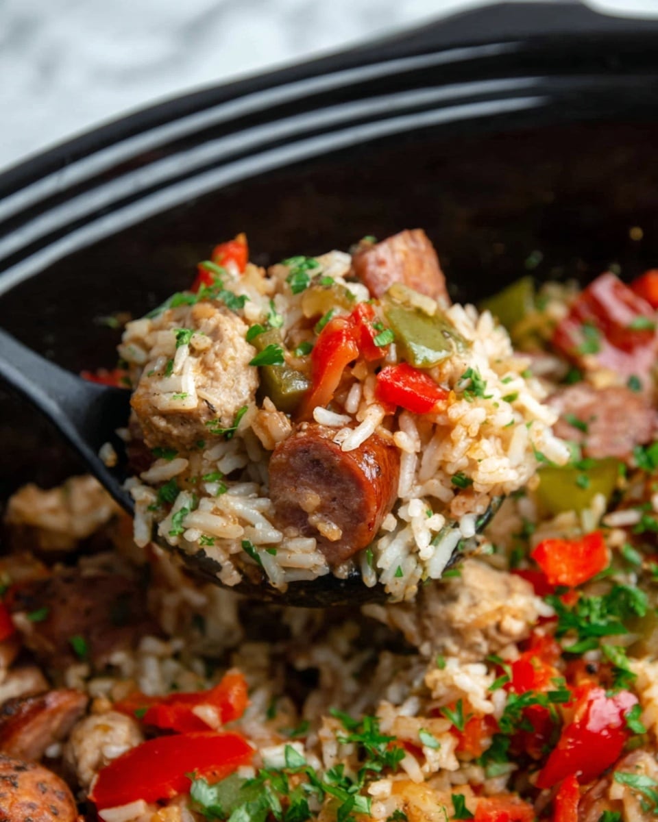 A black slow cooker is centered on a white marbled surface, filled with a colorful dish showing a mix of ingredients. The bottom layer consists of red and green bell pepper pieces alongside round slices of sausage, all mixed with chunks of cooked chicken. Above these, white rice is scattered throughout, blending into a light red sauce that makes the dish look moist. Small green herbs are sprinkled on top for a fresh look. Around the slow cooker, there is a textured white and black checkered cloth, a small bunch of green parsley, and part of a wooden board with a red and a green bell pepper. In the lower right corner, a white plate with a gold spoon on it can be seen. Photo taken with an iphone --ar 4:5 --v 7