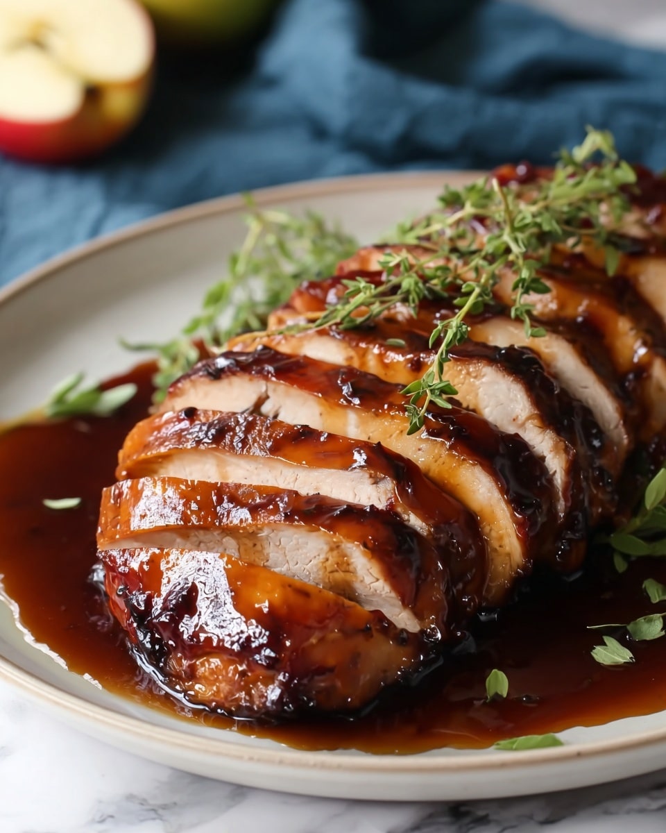 The dish shows several thick slices of golden brown meat with a shiny glaze, arranged in a neat row on a white plate. The glaze reflects light and adds a rich, sticky texture to the top of each slice. A sprig of fresh green herbs is placed on top, adding contrast and freshness. There is a deep brown sauce pooling on the plate around the base of the sliced meat, with a few small green herb leaves scattered nearby. In the background, a blurred blue cloth and some apple slices add gentle color variations, all set against a white marbled textured surface. photo taken with an iphone --ar 4:5 --v 7