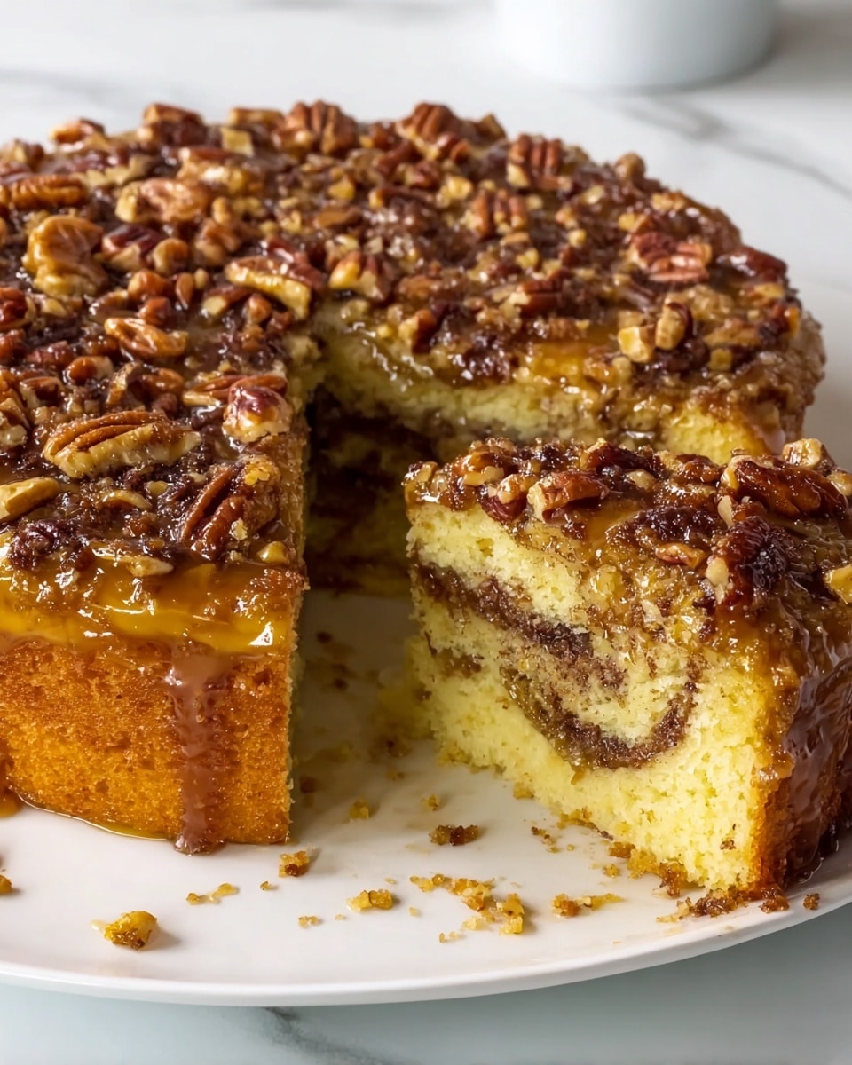 The image shows a close-up of a single slice of cake on a white marbled surface. The cake has two main layers: the bottom layer is light yellow with a soft and fluffy texture, and there is a thin, uneven swirl of dark brown cinnamon running through the middle. The top layer is a thick, glossy caramelized pecan topping, with shiny, whole pecans scattered across, adding a crunchy texture. A few pecans have fallen and rest on the white marbled surface beside the cake slice. Photo taken with an iphone --ar 4:5 --v 7