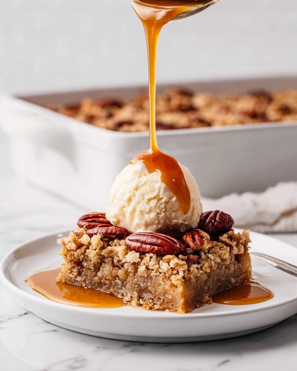 The image shows a close-up of a rich pecan dessert square being lifted by a silver fork from a glass baking dish. The dessert has three clear layers: a bottom crust layer that is golden and slightly crumbly, a middle creamy layer of light beige custard-like filling, and a top layer covered with glossy, dark brown syrup mixed with whole and halved pecans that add texture and depth. The pecans are scattered unevenly, giving a natural look, and the syrup glistens, making the dessert look moist and sticky. The background is a white marbled texture, enhancing the warm colors of the dessert. photo taken with an iphone --ar 4:5 --v 7