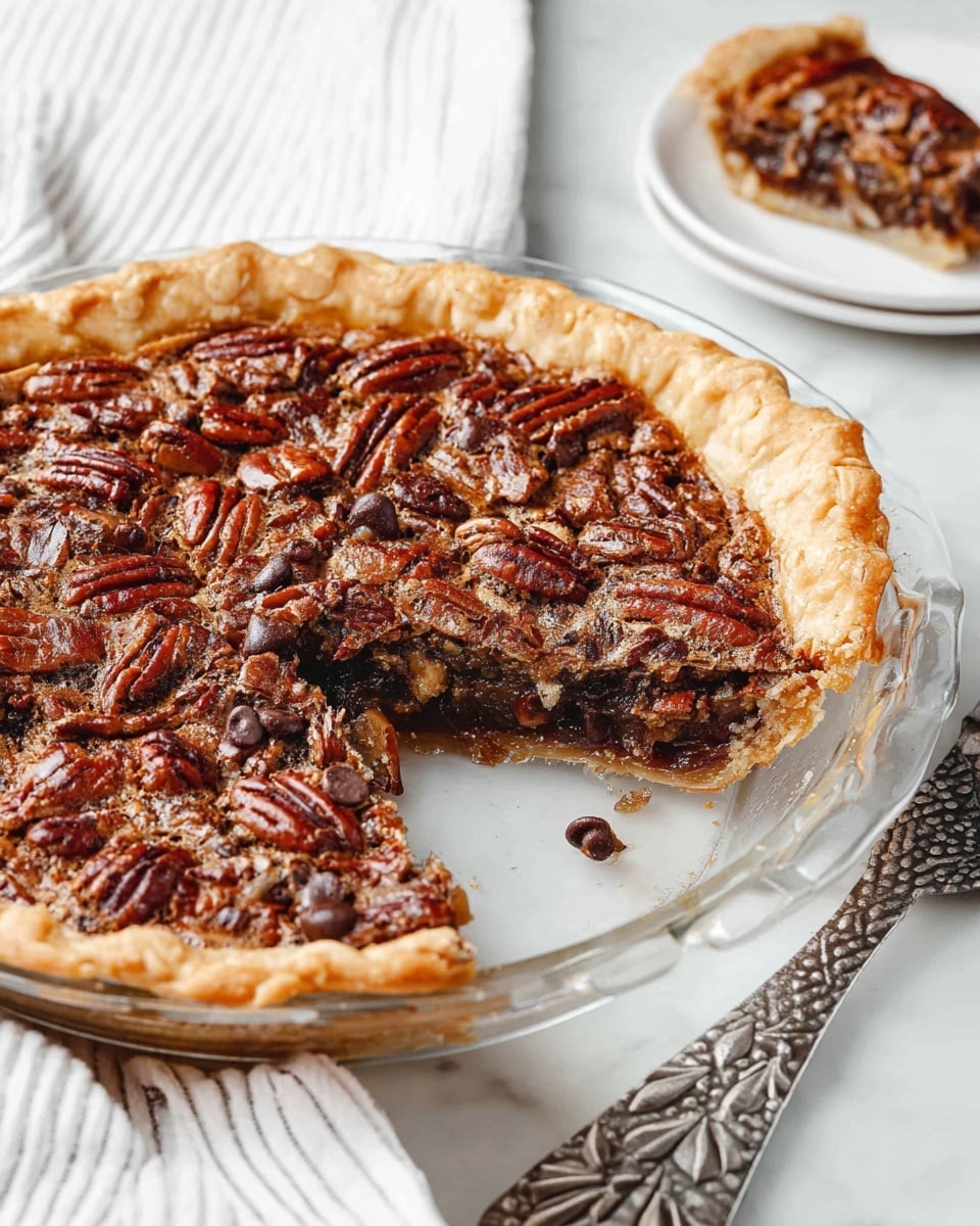 A slice of pecan pie with three layers sits on a white plate on a white marbled surface. The bottom layer is a golden brown, flaky crust that holds a thick, gooey dark brown pecan filling as the middle layer, with visible whole pecans that have a shiny glaze. The top layer is a small, round scoop of creamy white vanilla ice cream melting slightly over the pie. A gold fork rests on the plate to the left of the slice, with a bite-sized piece of pie on its tines. In the background, a clear glass pie dish with the remaining pie is partially visible. Photo taken with an iphone --ar 4:5 --v 7