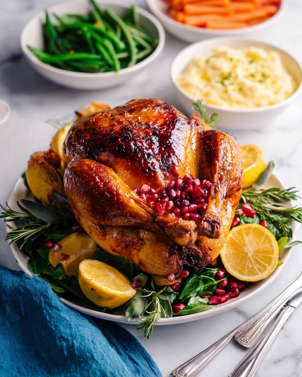 A whole roasted chicken with a shiny, crispy brown skin is placed in the center of a white oval plate. The chicken rests on a bed of dark green leafy herbs and is surrounded by thin lemon slices and scattered red pomegranate seeds. To the top left of the chicken, there is a white bowl filled with bright orange baby carrots, and above it, another white bowl holds chopped green beans. To the top right, a white bowl contains creamy mashed potatoes topped with a swirl of melted butter and a light sprinkle of black pepper. At the bottom left, a clear glass gravy boat holds golden-brown gravy with visible black pepper specks. A light blue cloth napkin is folded to the right side on a white marbled surface. photo taken with an iphone --ar 4:5 --v 7