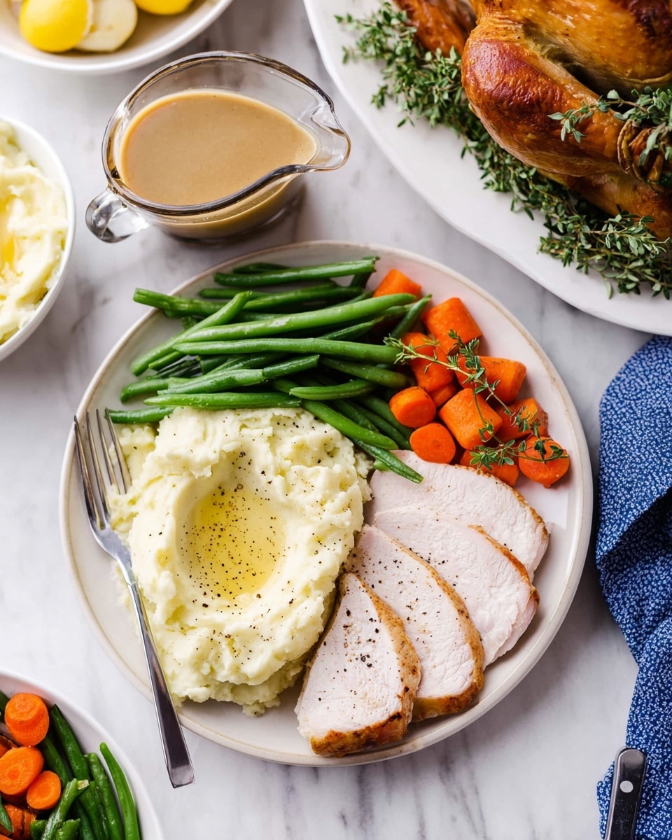 A white round plate holds a meal with four main parts. On the bottom front are two large slices of light pink roasted turkey with golden brown edges. To the left is a creamy mound of mashed potatoes colored pale white with soft yellow butter pools on top, sprinkled with black pepper. On the top right are bright green cut green beans, and next to them on the bottom right are small orange cooked baby carrots with tiny green herb sprigs. A silver fork rests on the right side of the plate among the carrots. The plate sits on a white marbled surface, with a glass gravy boat filled with brownish gravy placed just above it. In the background, there is a white plate with a whole roasted turkey and some lemon slices, along with a bowl of extra green beans and another bowl with carrots. A blue cloth napkin and a knife handle are visible in the lower left corner. Photo taken with an iphone --ar 4:5 --v 7