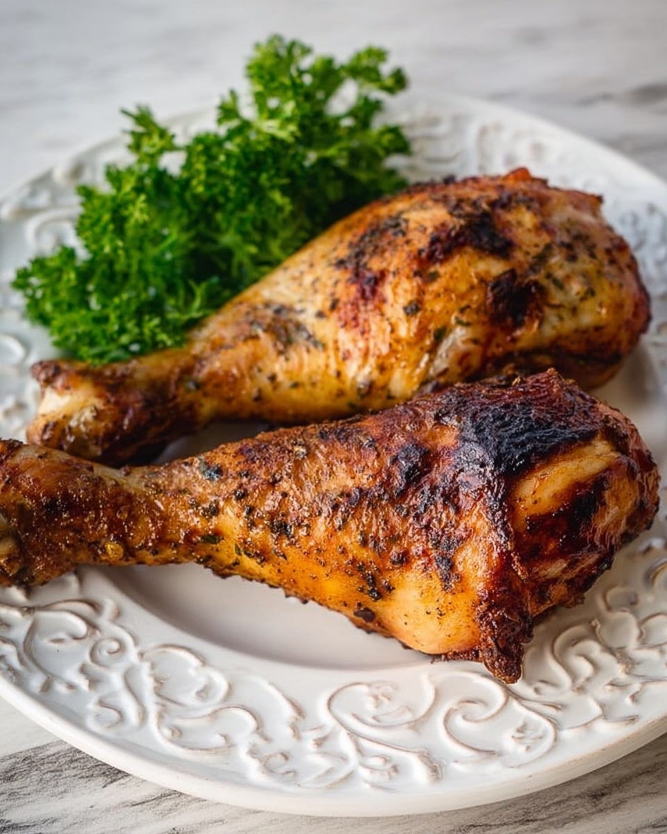 The image shows two cooked chicken pieces on a white, patterned plate placed on a white marbled surface. The chicken pieces have a crispy, browned skin with visible herbs and spices, giving them a textured look. One piece is closer to the top of the plate, showing the inside with soft, light pinkish meat, while the other piece lies below with a darker, crispy outer layer. The plate catches some seasoning and juices around the chicken. Photo taken with an iphone --ar 4:5 --v 7