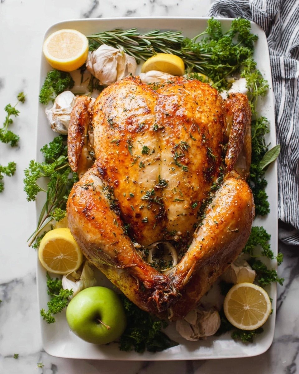A white rectangular serving dish holds several large pieces of golden-brown roasted turkey arranged neatly. The dish features different cuts: two thick turkey legs with crispy skin sit at the top, leaving a middle section with sliced turkey breast arranged in a fanned pattern showing white juicy meat and browned edges. Around the meat, there are sprigs of fresh green herbs adding contrast to the golden and white tones. A silver fork lies on the right side of the dish, with a woman's hand poised above the plate. The whole setting rests on a white marbled surface photo taken with an iphone --ar 4:5 --v 7