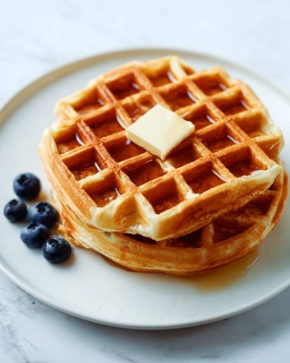 A stack of two golden brown waffles sits on a white plate, each waffle divided into four heart-shaped sections with deep square pockets. The surface of the waffles is crisp with a slightly fluffy texture inside. Golden syrup is being poured from above, forming a thin stream landing onto a small square of butter placed on the top waffle, melting into the pockets and dripping down the sides. In the blurred background, another single waffle is visible on a white plate over a white marbled surface, adding depth to the scene. The photo taken with an iphone --ar 4:5 --v 7