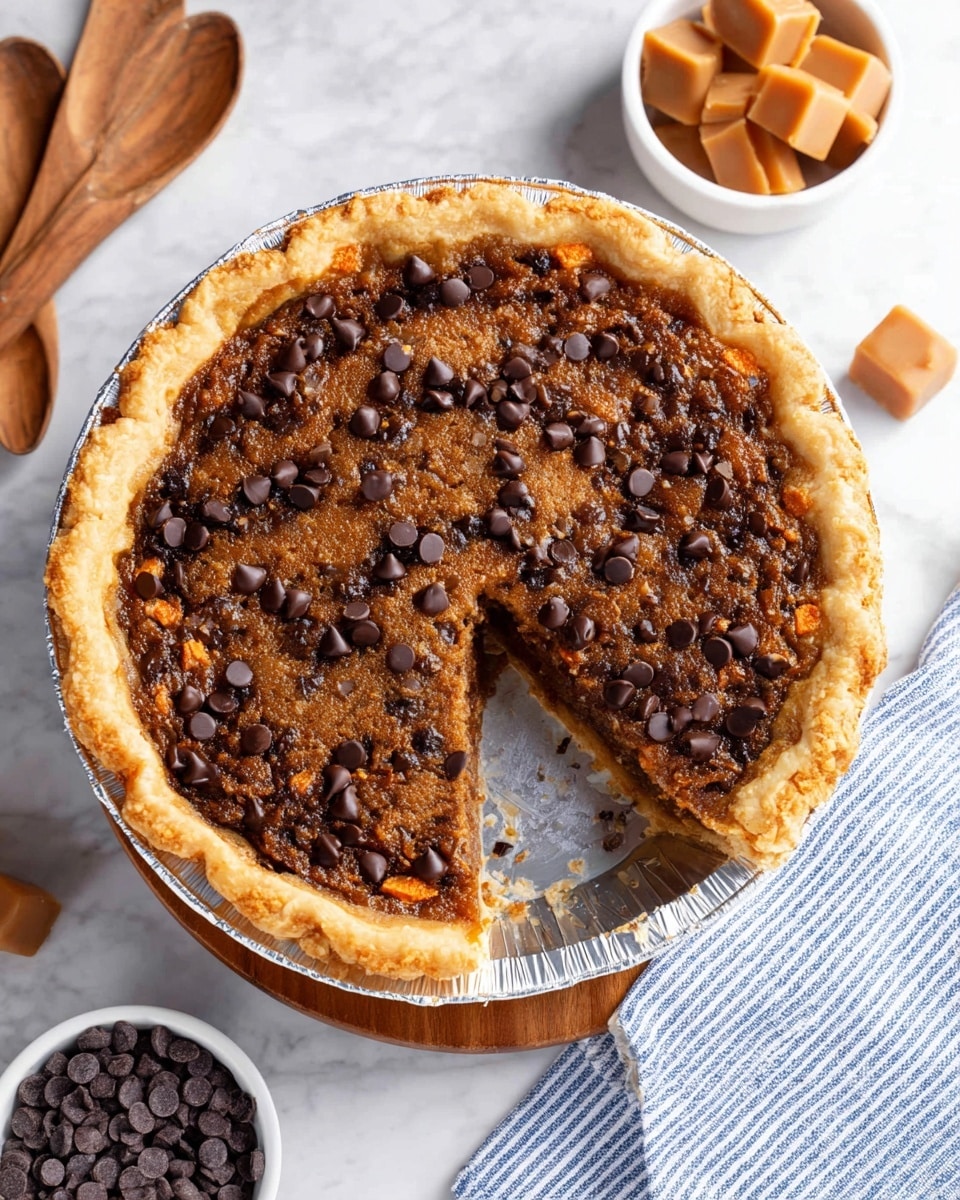 A round pie with a thick, light golden crust sits in a silver foil pie dish on a small wooden board. The filling is a rich, brown mixture with visible large dark brown chocolate chips scattered unevenly on top and throughout, giving it a bumpy texture. There are also small orange bits mixed in with the filling, adding color contrast. One slice is cut and slightly pulled away from the rest of the pie, showing the dense, textured filling inside. The pie is placed on a white marbled surface with a blue and white striped cloth and wooden spoons partially visible in the top left corner, along with small white bowls containing caramel-colored cubes and chocolate chips nearby. Photo taken with an iphone --ar 4:5 --v 7