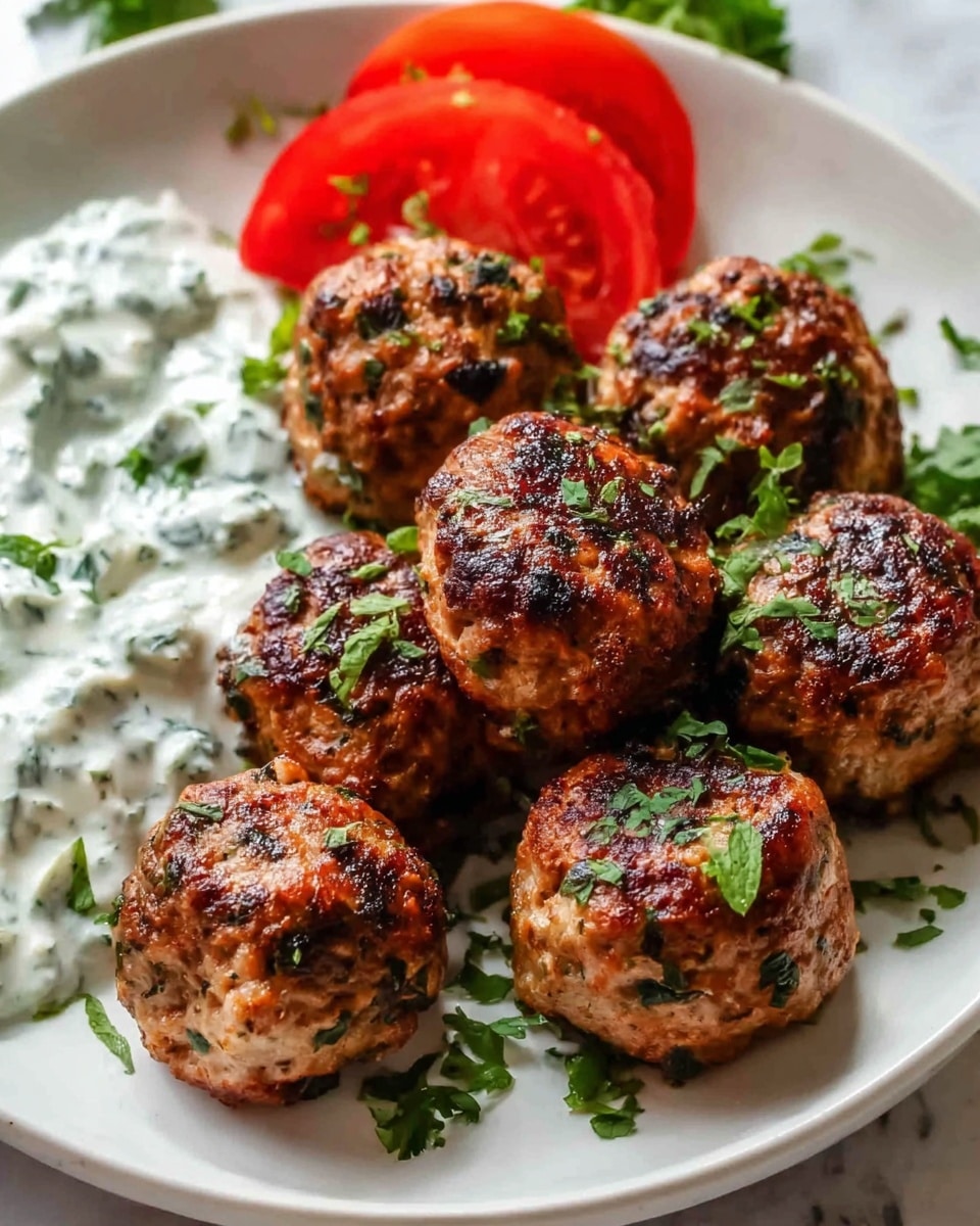 The image shows a white plate on a white marbled surface with eight grilled meatballs placed closely together in the center. Each meatball has a browned, slightly crispy texture with green herbs sprinkled evenly across the top and around them. On the left side of the plate, there is a generous serving of white sauce with visible green herbs mixed in, having a creamy, slightly chunky texture. Behind the meatballs and sauce, there are slices of red tomato adding a bright color contrast. The whole dish is fresh and vibrant with green herbs scattered around, giving a homemade feel. Photo taken with an iphone --ar 4:5 --v 7