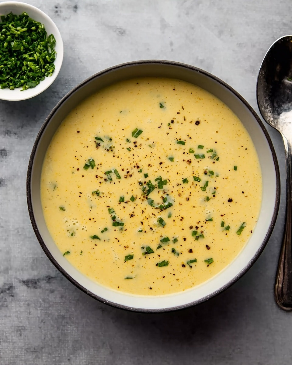A bowl of thick creamy yellow soup is topped with small green herb pieces and black pepper specks scattered evenly on the surface. The soup fills the bowl close to the rim and has a smooth texture with small visible bits of ingredients. The bowl is white, round, and placed on a white marbled surface with a silver spoon beside it. A small white bowl filled with finely chopped green herbs sits near the top left corner of the main bowl. photo taken with an iphone --ar 4:5 --v 7