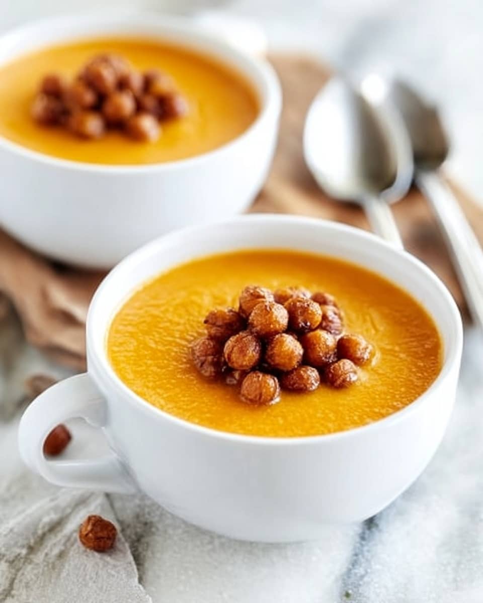 The image shows a white bowl filled with smooth orange soup, topped with a pile of round, roasted chickpeas that are golden brown and slightly textured, placed in the center of the soup. Another white bowl with the same soup and toppings is partially visible in the background, along with a white cloth with pink stripes and scattered roasted chickpeas on a white marbled surface. Photo taken with an iphone --ar 4:5 --v 7