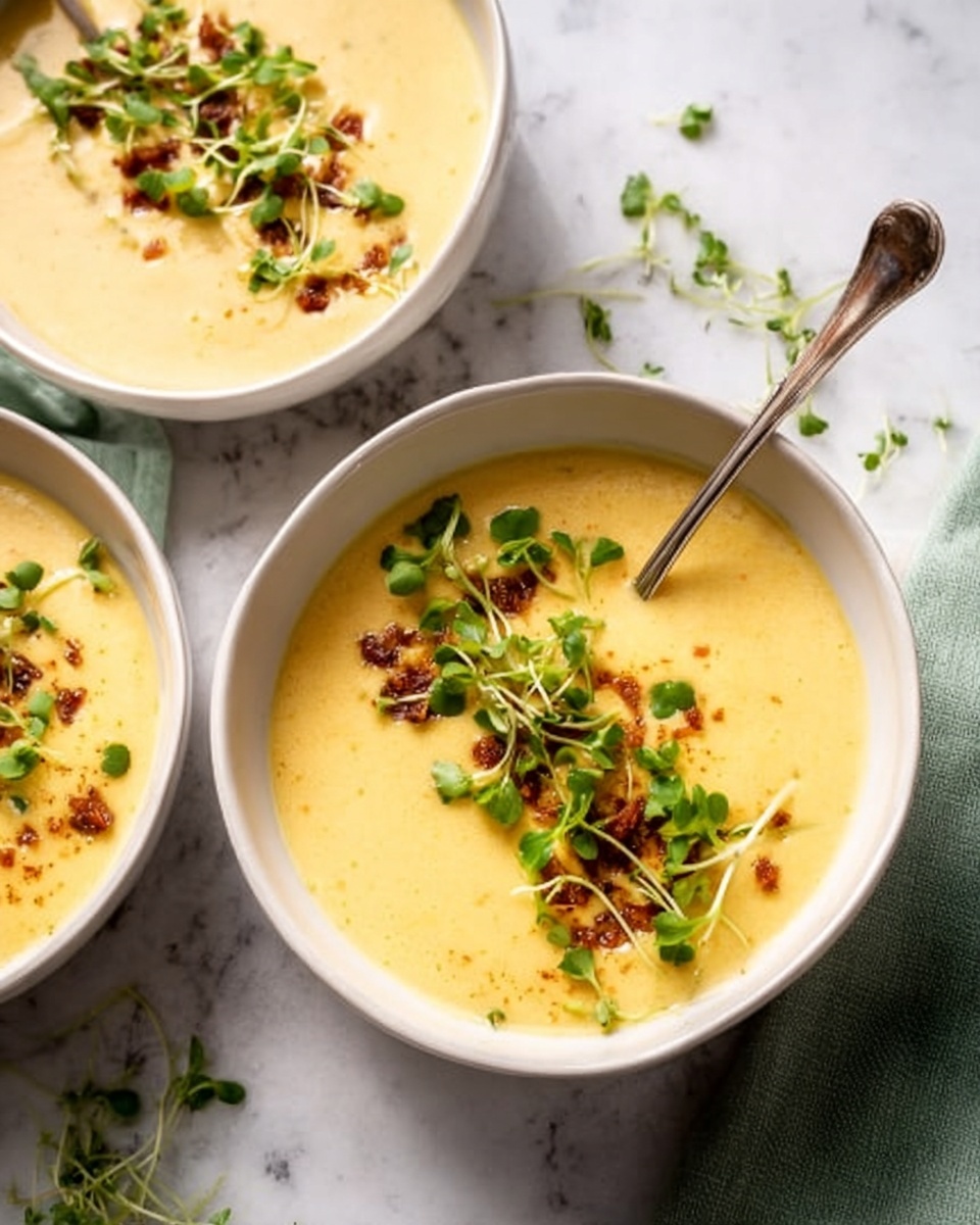 Three white bowls filled with a smooth, creamy yellow soup, topped with small brown crispy bits and fresh green microgreens scattered on top. Each bowl has a silver spoon inside, one spoon resting with its handle sticking out more visibly. The bowls sit on a white marbled surface with a soft green cloth partly visible underneath one bowl, and some of the green microgreens are scattered loosely on the surface. The lighting is bright and natural, highlighting the texture and colors of the soup and garnishes. photo taken with an iphone --ar 4:5 --v 7
