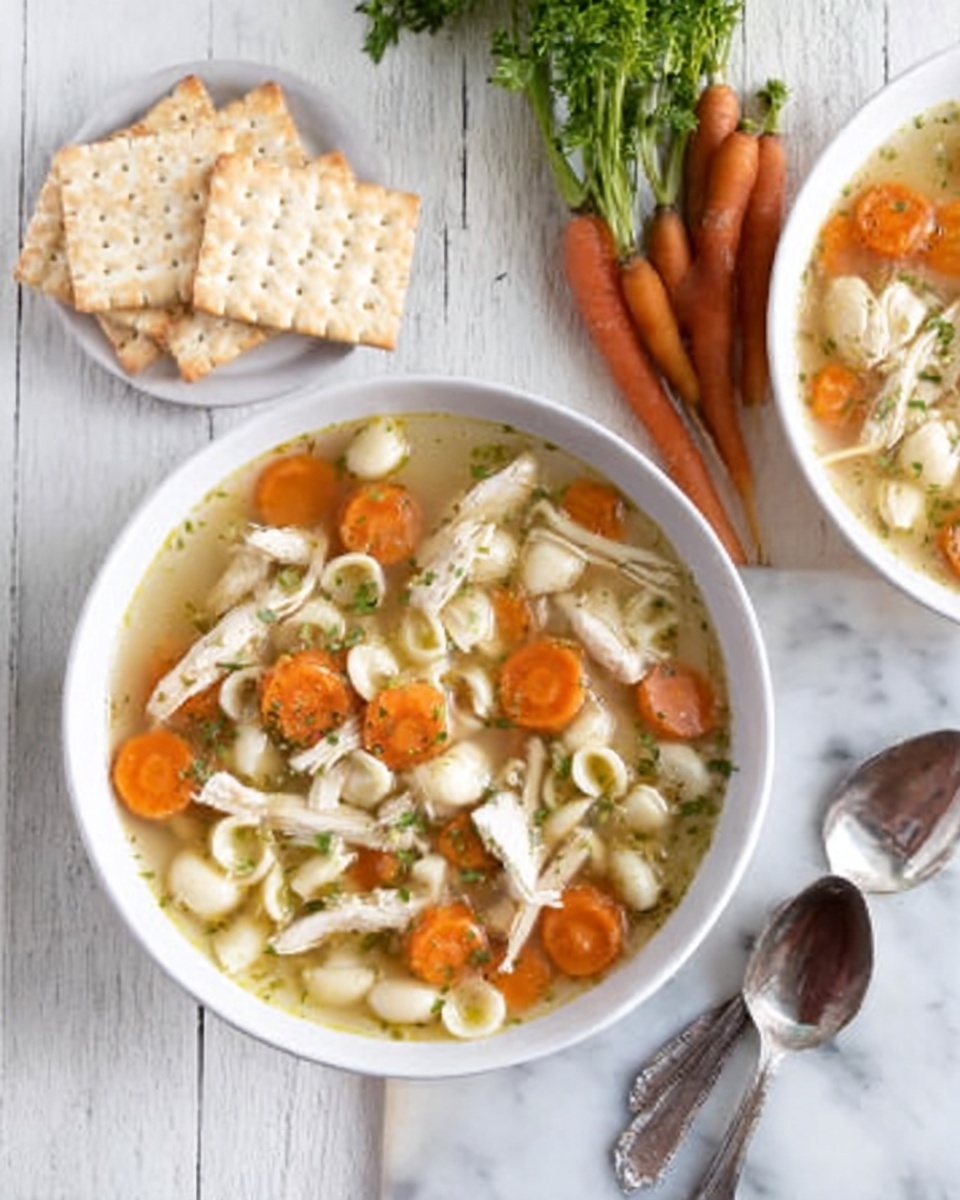 The image shows two white bowls filled with clear chicken soup on a white marbled surface. The soup has three layers visible: the top layer is clear broth with olive oil shining on it, the middle layer contains bright orange carrot slices, small round white pasta, and green herbs, and the bottom layer includes shredded white chicken pieces spread evenly. Next to one bowl is a spoon with a shiny metal surface. In the background, a bunch of small orange carrots with green tops lies on the white marbled surface. The overall lighting is natural and bright, making the colors fresh and inviting. Photo taken with an iphone --ar 4:5 --v 7