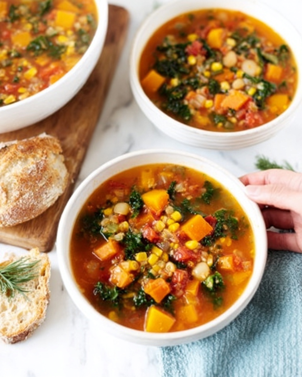 The image shows two white bowls filled with colorful vegetable soup placed on a white marbled surface. The soup contains bright orange carrot pieces, yellow corn, green leafy vegetables, and diced tomatoes, creating a mix of warm and fresh colors in a clear broth. Each bowl is full, with visible chunks of vegetables floating on top, showing a textured, hearty look. Behind the bowls, there is a white bowl filled with more soup, slightly blurred, and to the side, a wooden board holds a piece of crusty brown bread with a sprig of green herb resting next to it. A woman's hand is reaching toward one of the bowls in the foreground. The setting is bright and simple. Photo taken with an iphone --ar 4:5 --v 7