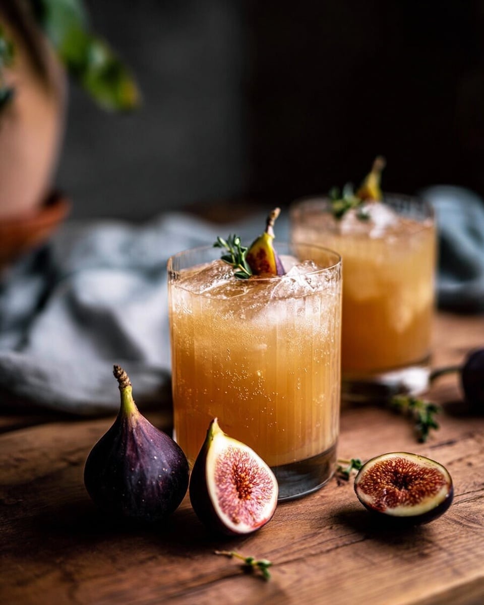 Two clear short glasses filled with a light brown, slightly cloudy drink with ice cubes, each garnished with a small green herb and a thin slice of fig on top. In front of the glasses are dark purple figs, some whole and some cut open to show their red and pink inner texture. The drinks and figs sit on a wooden surface, with a soft, blurred gray cloth in the background. The scene has warm, natural lighting and a cozy atmosphere. photo taken with an iphone --ar 4:5 --v 7