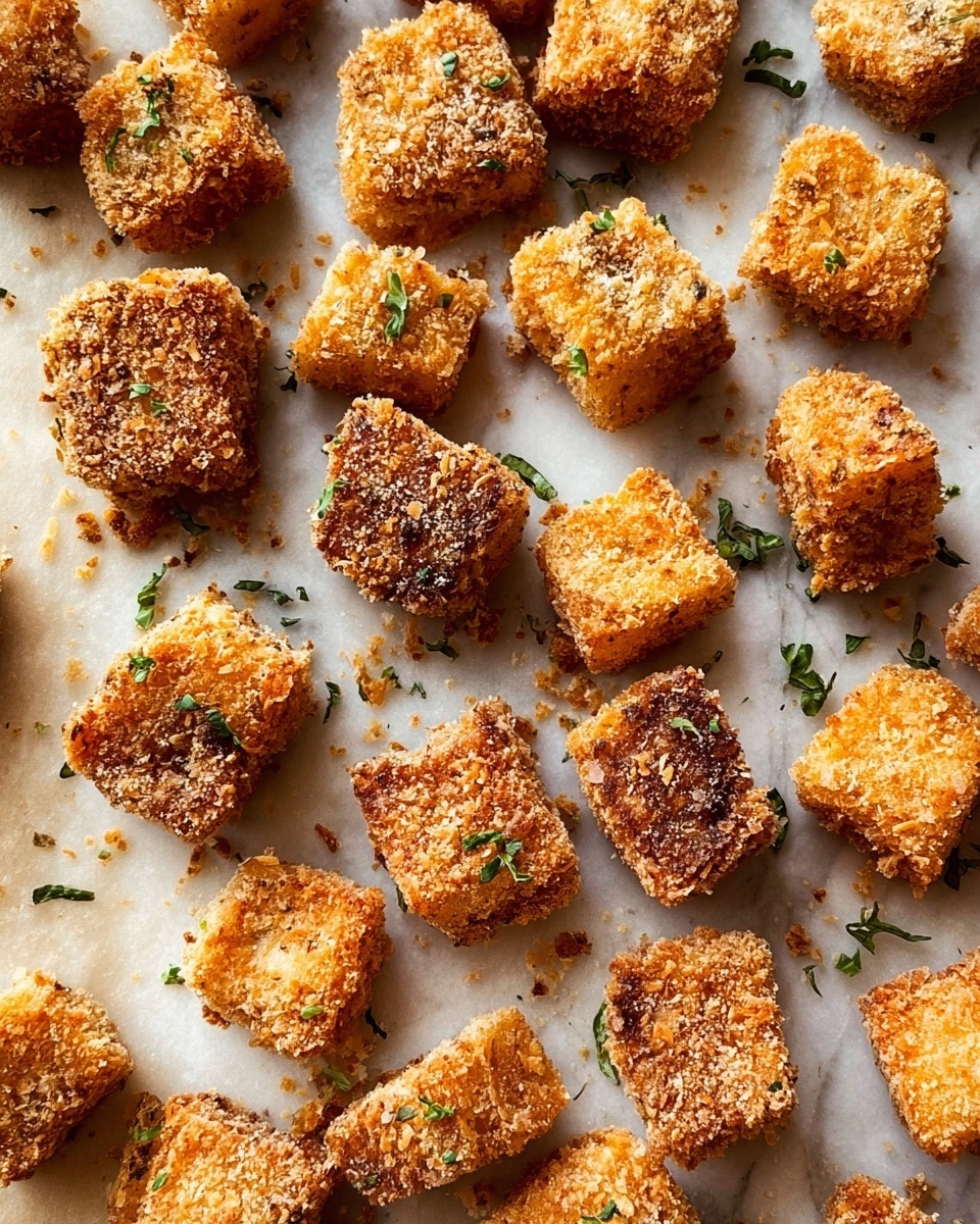 The image shows many small golden-brown pieces of fried food, each shaped like a cube with a rough, crunchy outer layer that looks crispy. The cubes are spread out evenly on a white marbled surface covered with light beige parchment paper, and small green herb bits are scattered lightly on top of some pieces for color contrast. The overall texture is crumbly, dry, and crunchy, with a warm and inviting golden tone. photo taken with an iphone --ar 4:5 --v 7