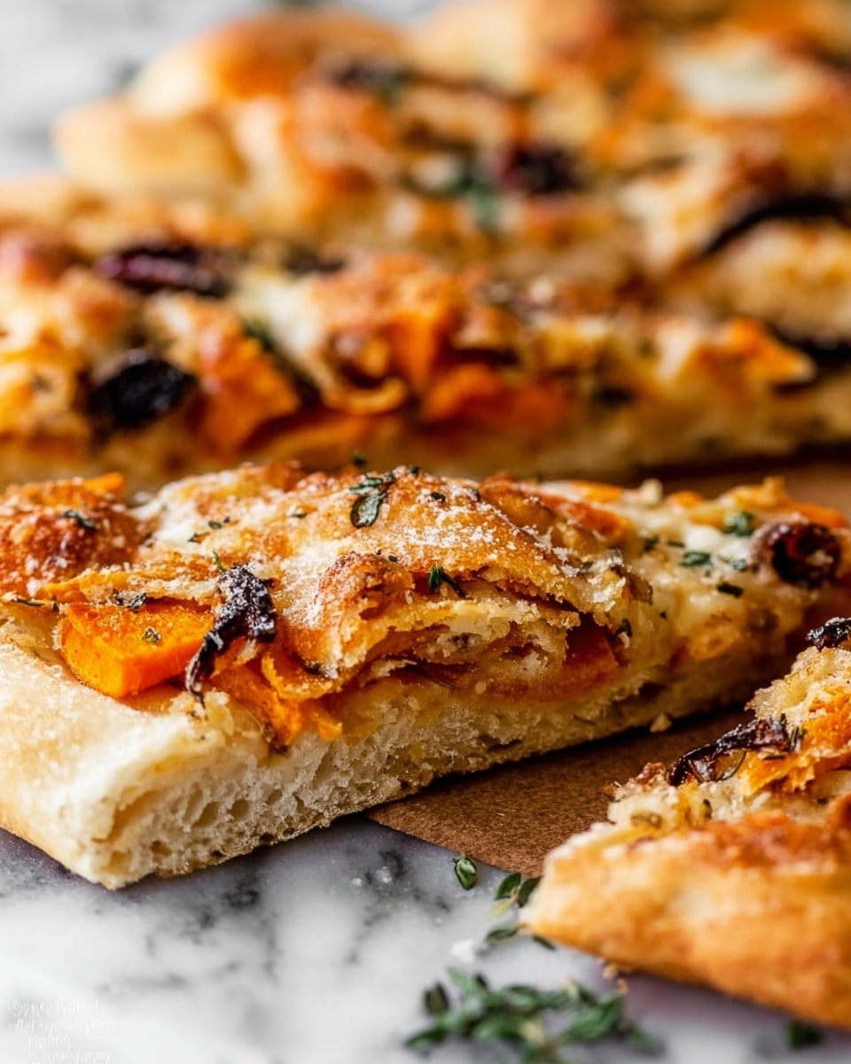 The image shows close-up slices of a thick, layered pizza with a golden brown crust. The pizza dough looks soft and fluffy inside with a light crisp outside. On top, there are multiple layers of melted cheese mixed with orange-colored pieces that look like roasted vegetables, possibly sweet potatoes or squash. There are also small dark bits that appear to be herbs and maybe olives, adding some texture and color contrast. The pizza slices are resting on a white marbled surface with some green herbs scattered around. Photo taken with an iphone --ar 4:5 --v 7
