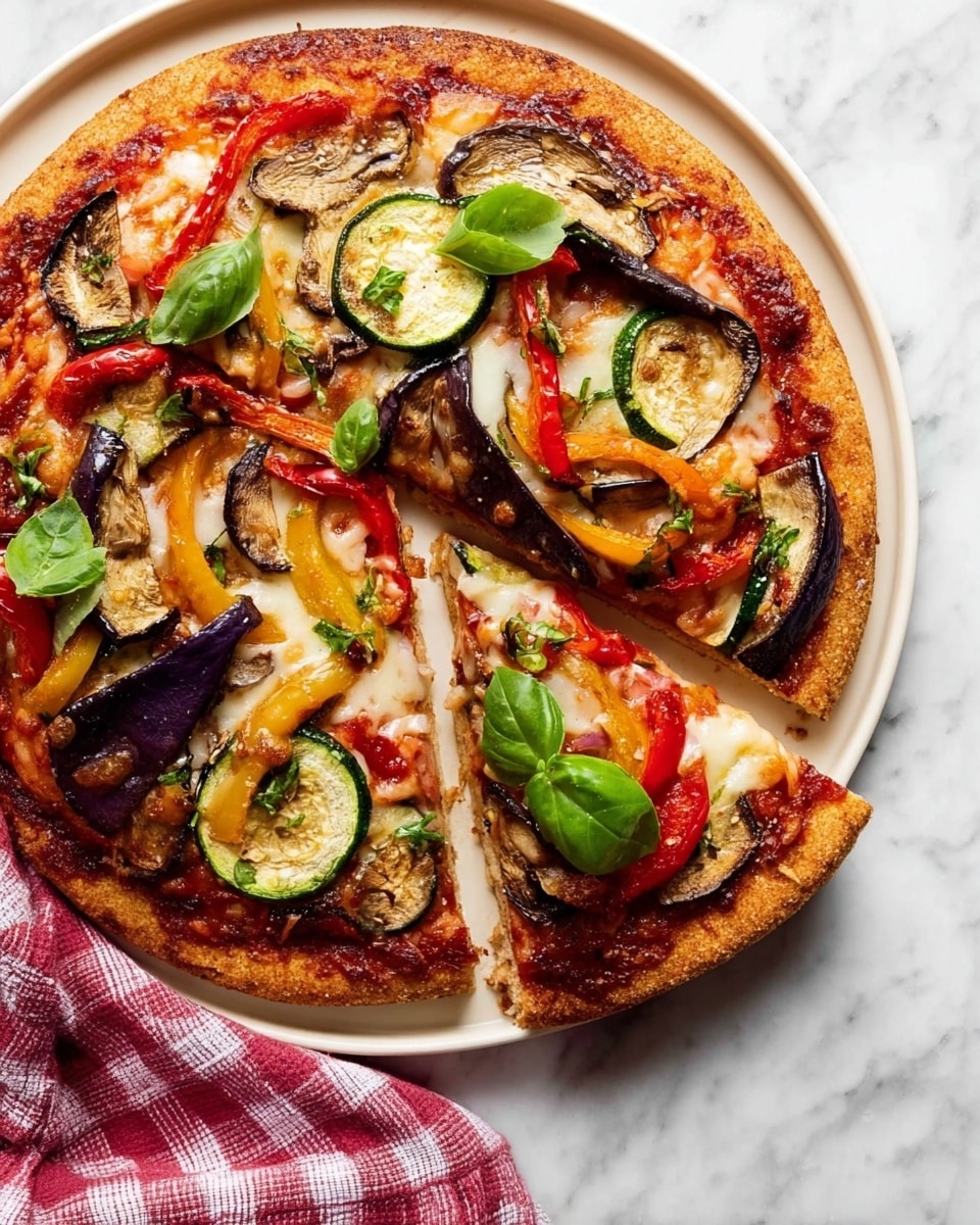 A round pizza with a golden brown crust sits on a white plate. The pizza has one layer of tomato sauce, topped with melted cheese that is slightly bubbly and white. On top of the cheese, there are slices of grilled eggplant and zucchini, along with red and yellow bell pepper strips. Fresh green basil leaves are scattered across the pizza, adding spots of bright green. The pizza and plate are placed on a white marbled surface, and a red and white checkered cloth is partially visible on the right side of the plate. Photo taken with an iphone --ar 4:5 --v 7