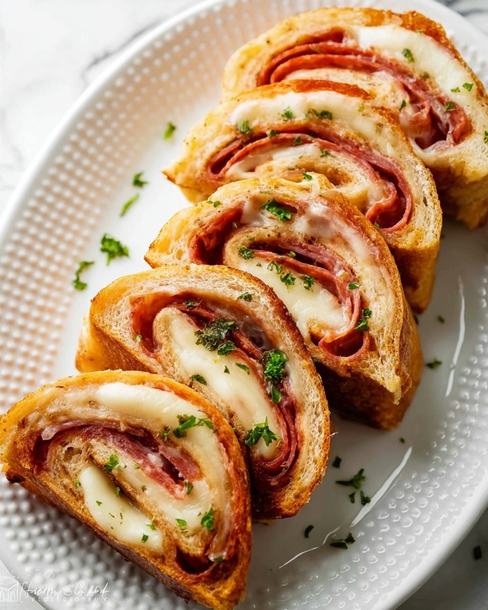 The image shows five pieces of a rolled sandwich placed side by side on a white plate with a dotted texture. Each roll has three main visible layers: a golden-brown outer bread layer that looks soft yet toasted, a middle layer of melted pale yellow cheese that is creamy and stretched inside the roll, and an inner layer of reddish-brown pepperoni slices that add a vibrant color contrast. Small green parsley bits are sprinkled over the rolls for garnish. The plate sits on a white marbled surface. Photo taken with an iphone --ar 4:5 --v 7