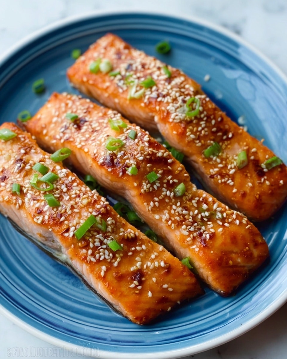 The image shows four cooked salmon fillets arranged close together on a baking tray with a light brown textured liner. Each fillet is golden orange with a shiny glaze, topped with a generous layer of small, pale sesame seeds and small green herb pieces scattered on top. The salmon's surface looks moist and slightly crispy around the edges. The tray sits on a white marbled surface. photo taken with an iphone --ar 4:5 --v 7