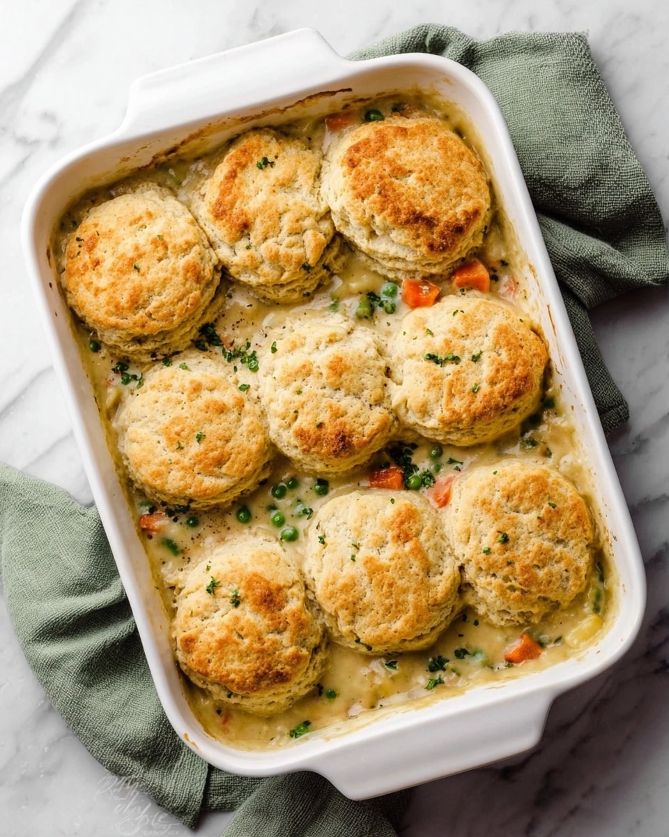 A white scalloped bowl holds a serving of thick chicken and vegetable stew with peas, carrots, and broccoli in a creamy light beige sauce. On top, there is a single golden-brown biscuit with a slightly crispy texture, lightly browned edges, and fluffy inside. A silver spoon rests inside the bowl on the right side, its bowl partly submerged in the stew. The bowl is placed on a white marbled surface, next to a green cloth napkin. photo taken with an iphone --ar 4:5 --v 7