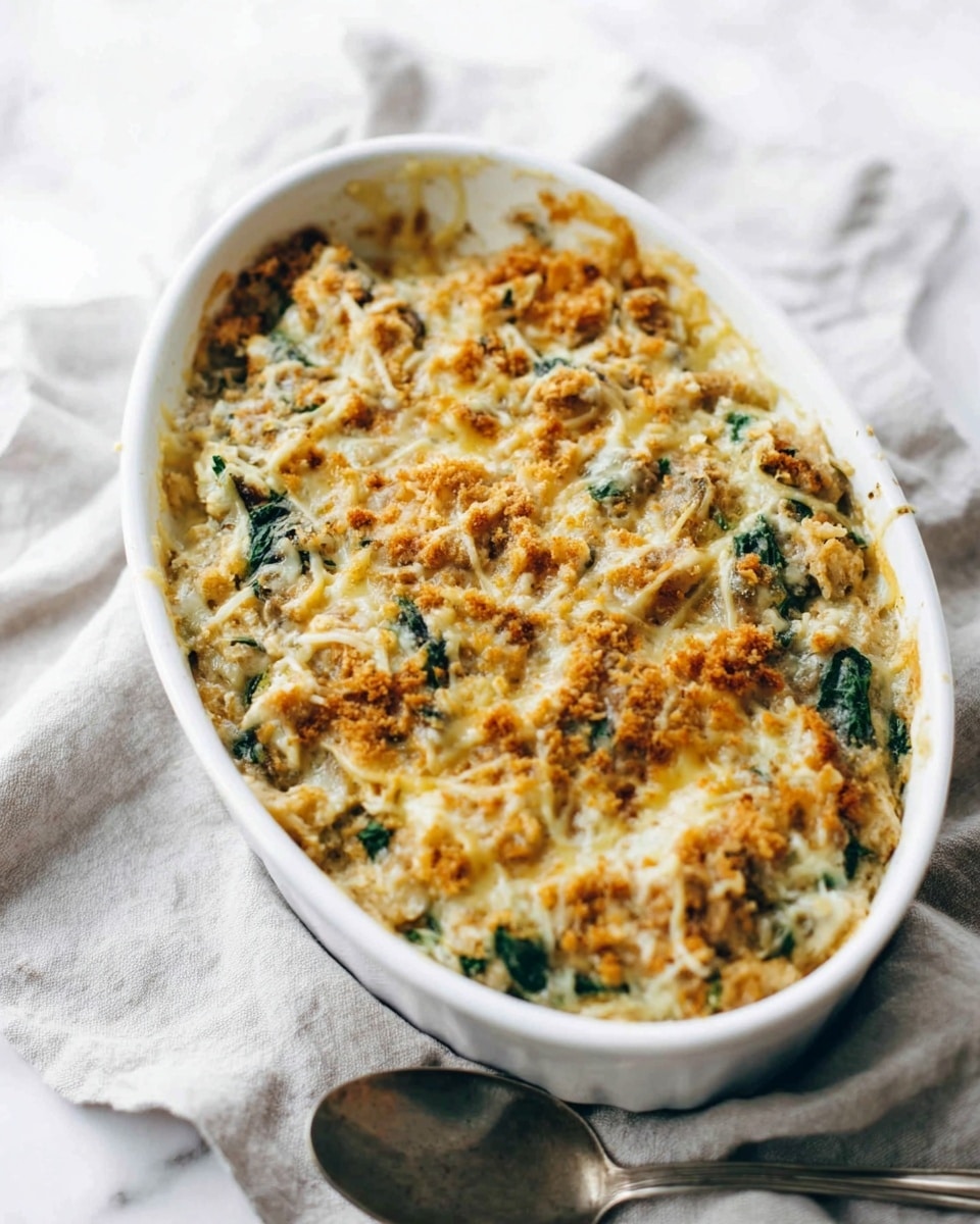 The image shows a white oval ceramic dish with a baked casserole inside. The casserole has around three visible layers: the base is a soft mix of light brown cooked grains and small vegetable pieces, the middle layer is mixed with bright green leafy vegetables, and the top layer is golden brown melted cheese sprinkled with small green herbs. The top texture looks slightly crispy with some browned edges, and a portion of the casserole is scooped revealing the soft inside. The dish is placed on a white marbled surface, and a glass of milk and a gray cloth are blurred in the background. Photo taken with an iphone --ar 4:5 --v 7
