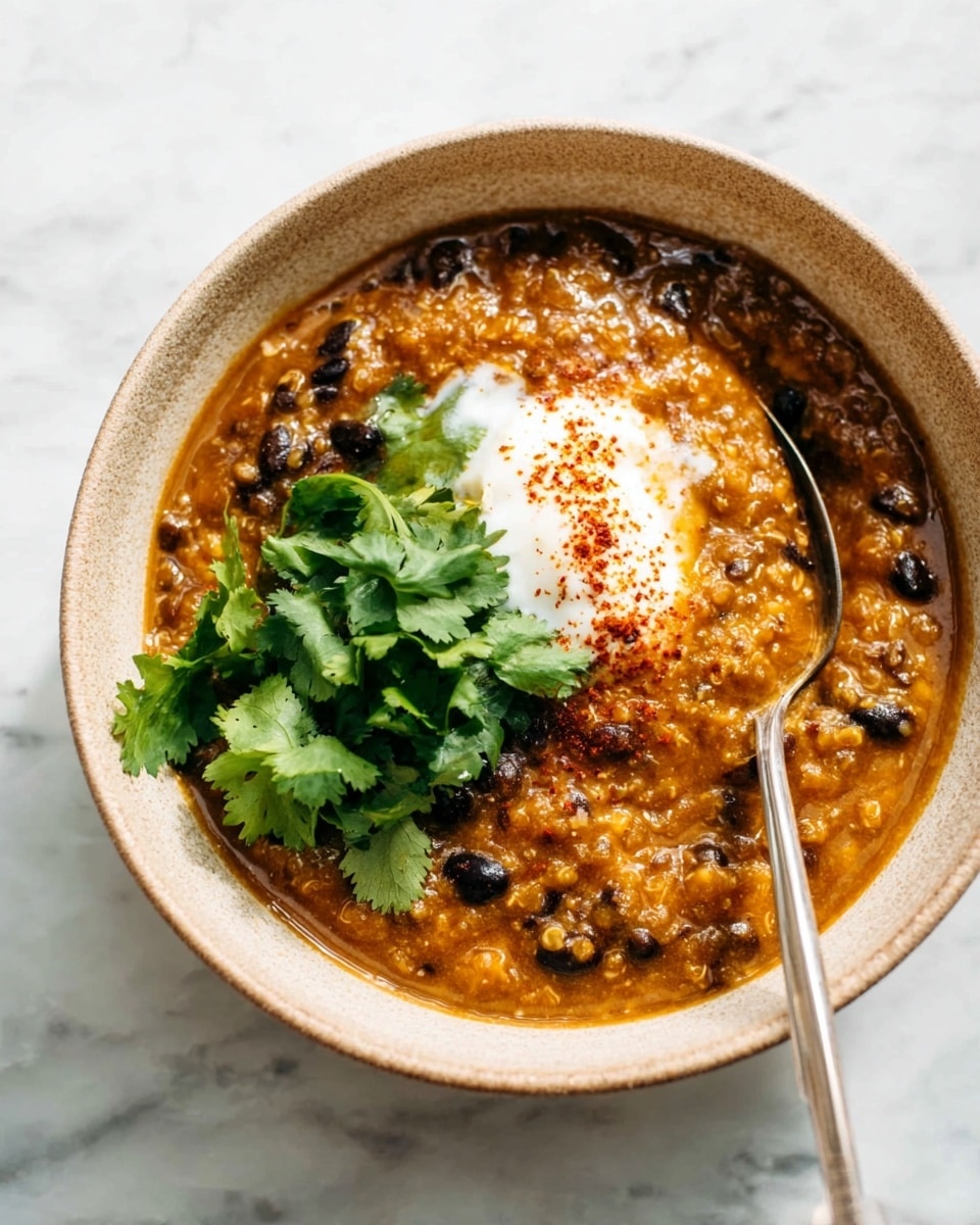 A bowl of thick brown stew with visible black beans and small grains, topped with a dollop of white sour cream sprinkled lightly with red spice, and a bunch of fresh green cilantro leaves on one side. The bowl is speckled with black dots on an off-white background, with a silver spoon partially dipped into the stew. The bowl sits on a white marbled texture surface. photo taken with an iphone --ar 4:5 --v 7