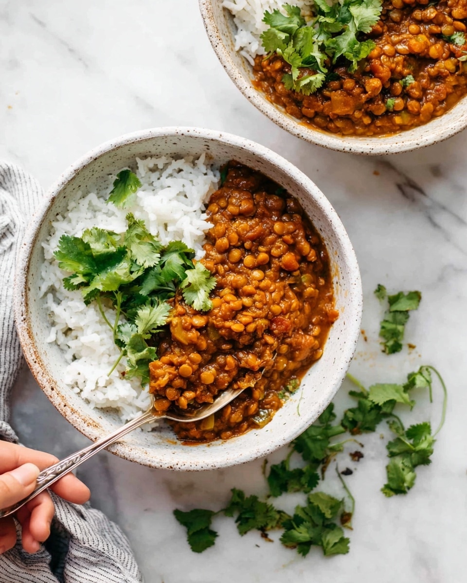 The image shows two white speckled bowls on a white marbled surface. Each bowl has two main layers: on one side, there is a layer of white rice with fluffy texture, and on the other side, there is a thick brown lentil stew with a rich, slightly chunky texture. The lentil stew is garnished with fresh green cilantro leaves on top. A silver spoon is scooping some lentils and rice from one bowl, held by a woman's hand. Some loose cilantro leaves are scattered on the marbled surface near the bowls. Photo taken with an iphone --ar 4:5 --v 7