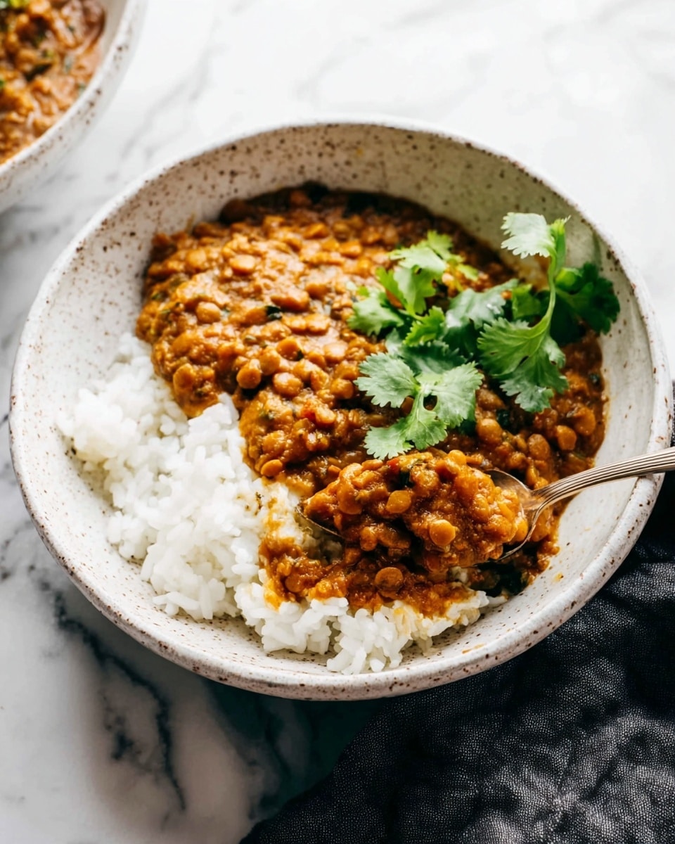 A close-up view of a single thick layer of orange lentil stew with visible soft tomato chunks, a few black pepper specks, and fresh green cilantro leaves on the side in a shallow white bowl. The stew has a creamy, textured surface with small lentil pieces and tomatoes floating on top. A shiny silver spoon is placed in the bowl, showing the depth and creaminess of the stew. The bowl rests on a dark blue cloth over a white marbled surface. Photo taken with an iphone --ar 4:5 --v 7