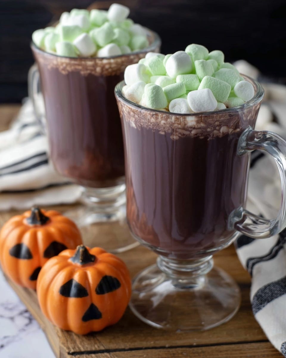 Two clear glass mugs filled with dark brown hot chocolate topped with small light green marshmallows. The mugs have thick handles and sit on a wooden surface with a white marbled background. In front of the mugs are two small orange pumpkins decorated with black dots and black stems. A white cloth with black stripes is partially visible on the side. photo taken with an iphone --ar 4:5 --v 7