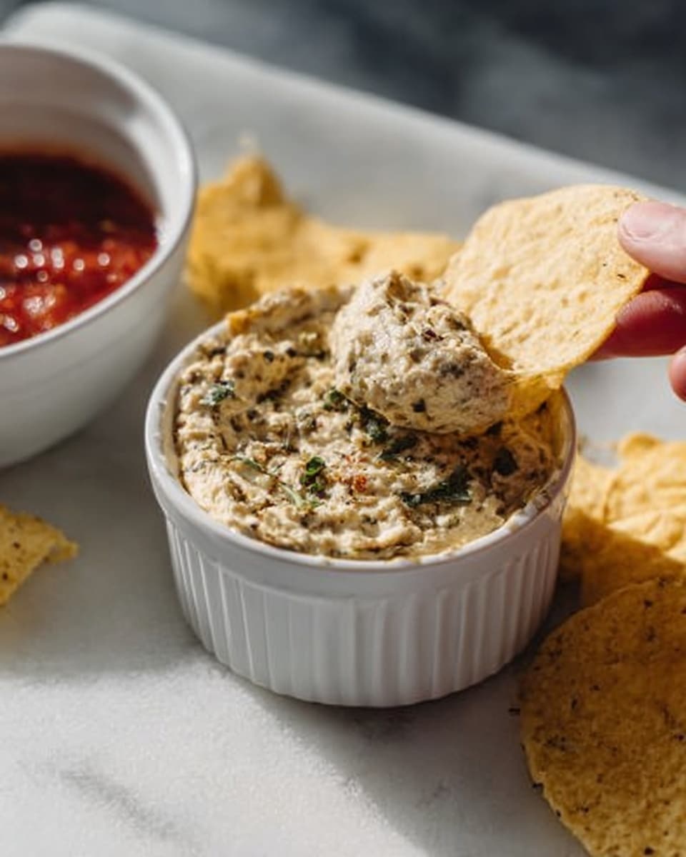 A white ramekin filled with a creamy dip that has a slightly grainy texture, topped with small bits of herbs and spices. One tortilla chip is dipped halfway into the creamy mixture, with the woman's hand holding the chip. Around the ramekin on a white marbled surface, there are a few whole tortilla chips scattered and a white ramekin filled with red salsa is placed in the background. The lighting creates soft shadows and highlights on the dip and chips, adding depth to the image. photo taken with an iphone --ar 4:5 --v 7
