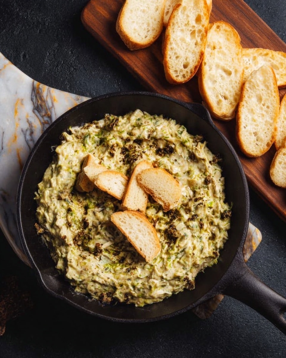 A black skillet filled with a creamy, greenish mixture that looks like a thick dip, with three small toasted bread pieces placed on top. The skillet sits on a dark surface next to a wooden board holding several small pieces of toasted white bread. The background features a white marbled texture. Photo taken with an iphone --ar 4:5 --v 7