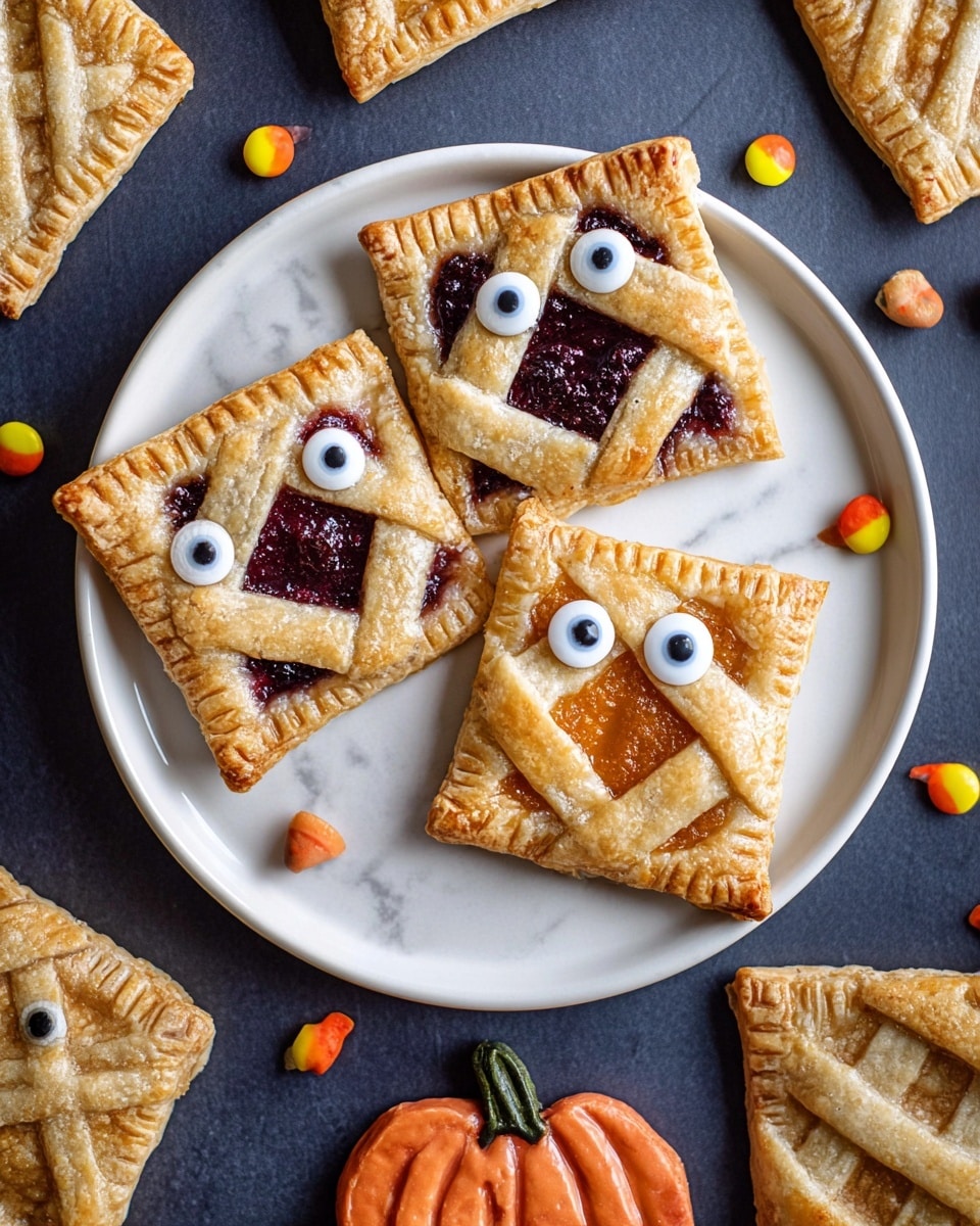 Four small square lattice pies lie on crumpled white paper over a white marbled surface, each pie showing a golden-brown crust with crisscrossed dough strips on top and two small candy eyes peeking from beneath the lattice. The pies have different fillings visible through the lattice: two have a dark purple-red filling that has oozed out, creating glossy pools on the paper, while the other two have a lighter golden filling. The pies have a slightly crisp and flaky texture with a dusting of sugar or spice on top. Photo taken with an iphone --ar 4:5 --v 7