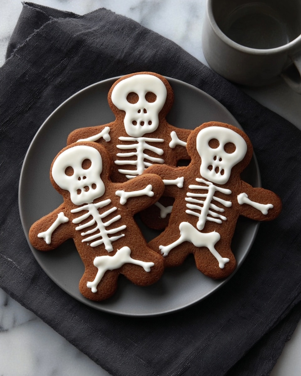 A dark brown gingerbread cookie shaped like a person is placed on a white marbled surface. The cookie has white icing details outlining a skull-shaped face with hollow eyes and nose and ribs drawn as curved lines across the chest area. A woman's hand with black patterned nails is holding a white icing tube, adding more lines on the cookie’s chest. The texture of the cookie looks solid but slightly rough, and the white icing contrasts sharply against the dark brown cookie. Photo taken with an iphone --ar 4:5 --v 7