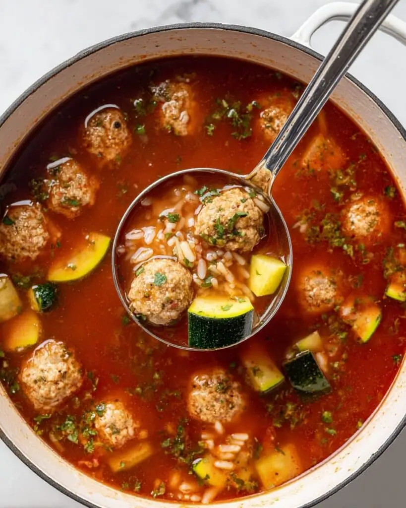 Meatball Soup with Roasted Red Peppers and Fresh Herbs Recipe