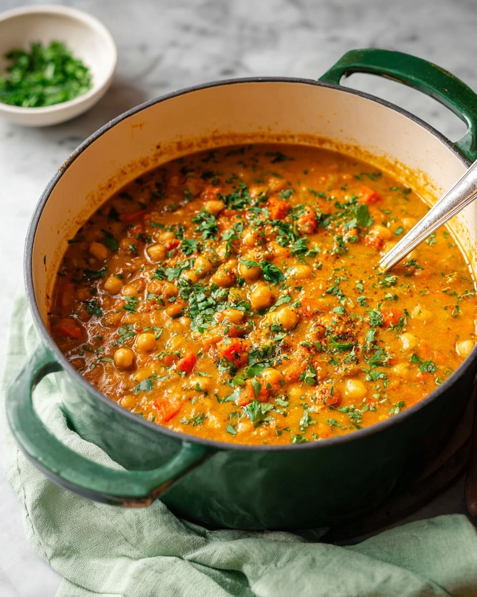 A large green pot filled with a thick orange stew that has visible small chickpeas and chopped carrots, sprinkled with fresh green herbs on top. The stew has a creamy texture with flecks of spices and herbs mixed throughout. A metal spoon rests inside the pot on the right side, partially submerged in the stew. The pot is placed on a white marbled surface with a light green cloth casually folded beside it. In the background, a small white bowl with chopped herbs is slightly blurred. photo taken with an iphone --ar 4:5 --v 7