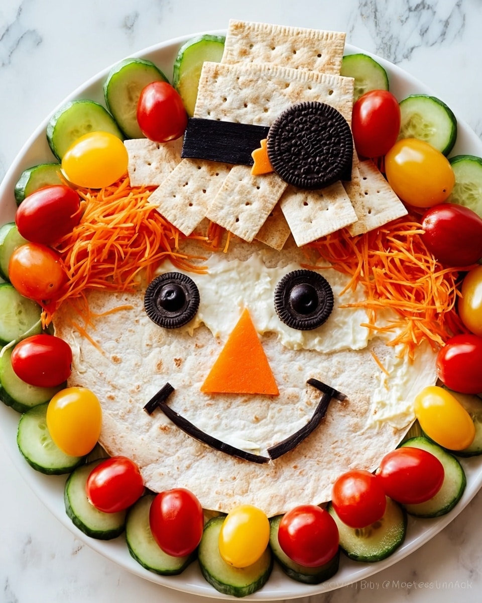 The dish shows a round tortilla spread with a light creamy layer as a face on a white marbled background. Two black olive slices form the eyes, and a small orange triangle, likely cheese or carrot, is the nose in the center. Black olive pieces create a smiling, curved mouth with small lines for teeth. Above the face, orange shredded carrot pieces look like hair, sticking out under a hat made of square crackers. A black sandwich cookie with white filling and small candy eyes sits on top shaped like a crow or bird with small orange beak detail. Around the tortilla, thin cucumber slices form a border, topped with alternating halved red and yellow cherry tomatoes arranged decoratively. Everything is on a white plate. Photo taken with an iphone --ar 4:5 --v 7