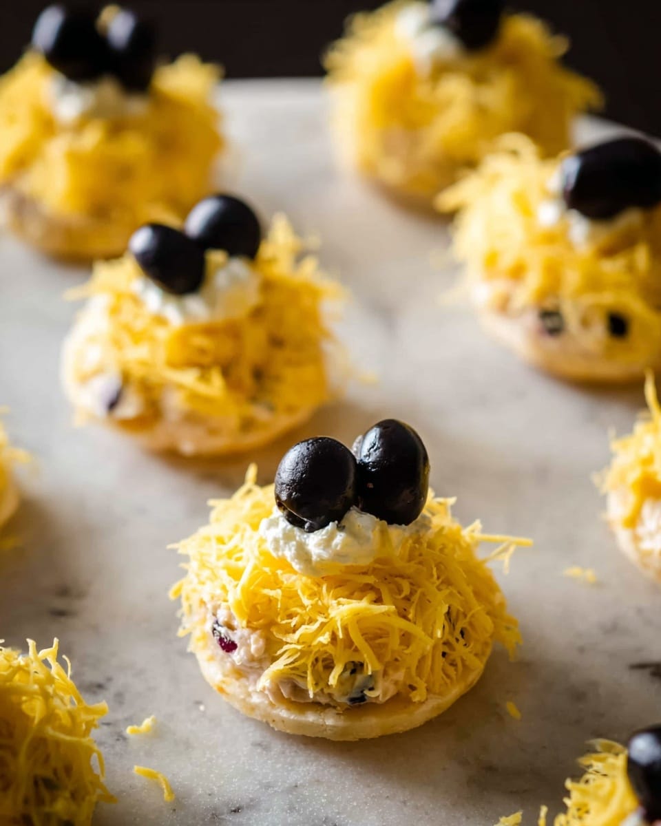Small white round bases hold a mixture layer with a pale creamy color and some small colorful bits seen inside, topped with a heap of finely shredded yellow cheese that looks soft and fluffy. On top of the cheese, two black olives sit side by side on each piece, each olive stuffed with a small dollop of white cream. The snacks are placed on a white marbled surface, with soft light highlighting the textures of cheese and olives. The photo taken with an iphone --ar 4:5 --v 7
