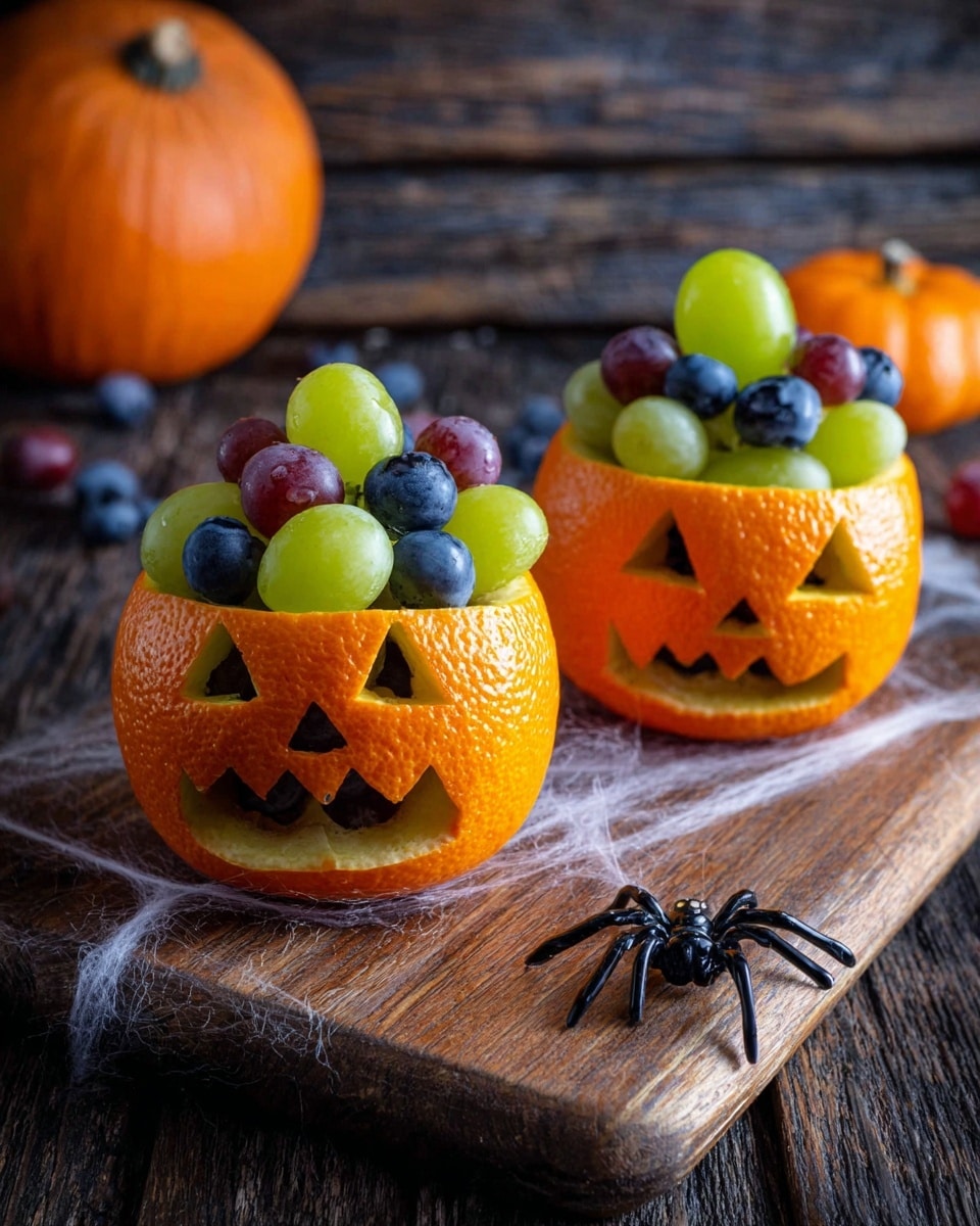 An orange with its top peeled and placed behind it serves as a lid, carved with jagged edges to look like a pumpkin. The front orange peel is carved in the style of a jack-o'-lantern with two triangle-shaped eyes and a wide jagged mouth. Inside the hollow orange, a mix of fresh grapes and blueberries fills the space, showing through the mouth and eyes. The orange is placed on a wooden surface with a white marbled texture in the background, and next to it is a small black plastic spider, adding a Halloween theme. Photo taken with an iphone --ar 4:5 --v 7