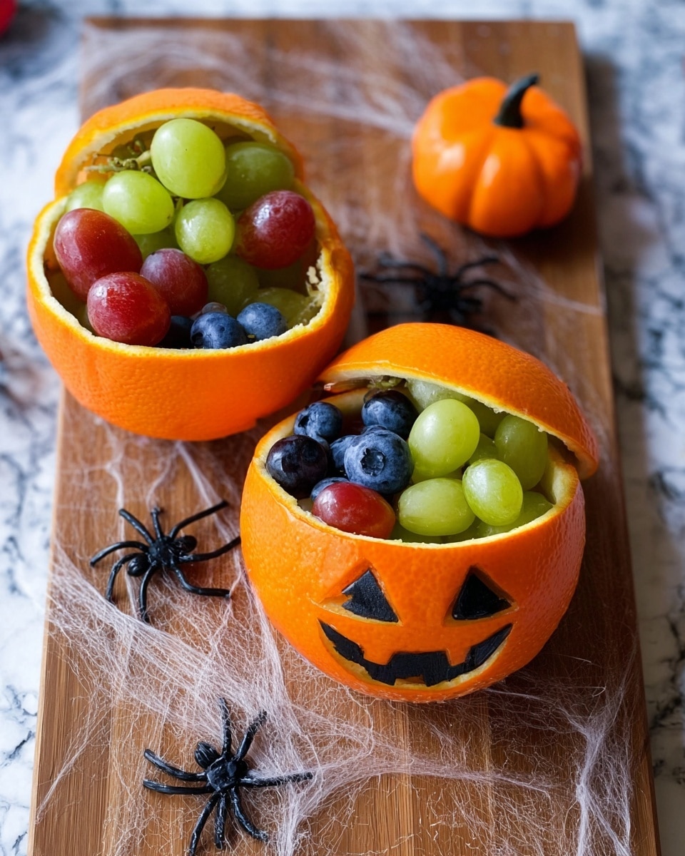 Two hollow orange shells sit on a wooden board with fake spider webs and two black plastic spiders around them. One orange shell has a jagged edge top removed and is filled with colorful fruit: green grapes, red grapes, and blueberries. The second orange shell is carved with a jack-o'-lantern face at the bottom and is also filled with the same mix of fruit, with the jagged orange peel top leaning against it. In the background, there is a small plastic orange pumpkin on a white marbled surface. photo taken with an iphone --ar 4:5 --v 7